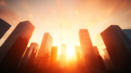 Obraz premium Frontal wide-angle shot captures a city skyline under an intense orange glow, showcasing distorted skyscrapers in a surreal atmosphere during sunset