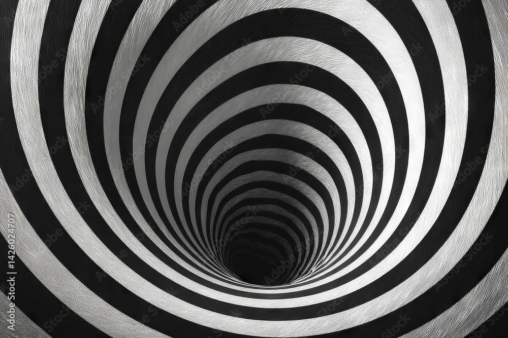Poster Spiral pattern creating an illusion of depth and movement in black and white tones
