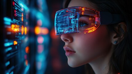 Woman with VR headset in futuristic setting