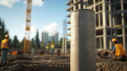 Sturdy concrete pile stands prominently at construction site, surrounded by workers in safety gear. scene captures essence of construction and teamwork in vibrant environment