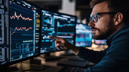A focused analyst points at a complex graph as colleagues engage in discussion around him, highlighting teamwork in data analysis at a modern office environment