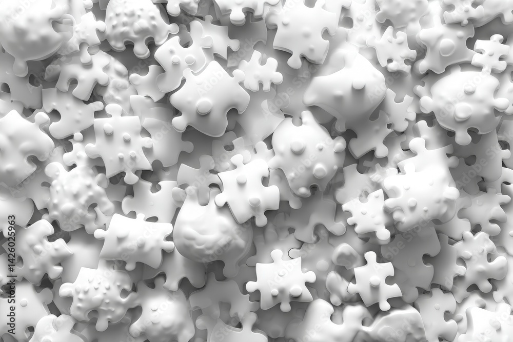 Aufkleber Multiple white puzzle pieces scattered on a surface showcasing various shapes and designs during a creative assembly session