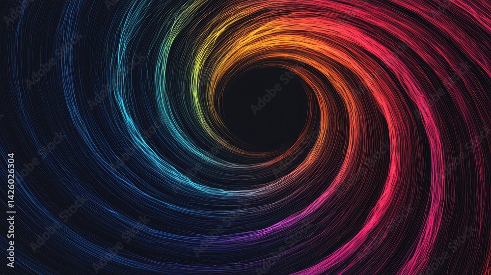 Poster colorful swirling patterns in a black background creating abstract spiral visual effects for design 