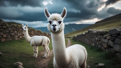Fototapeta premium White alpaca grazing in a South American field