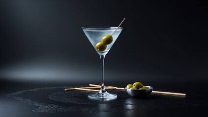 Modern glass Vodka martini cocktail with olives in a metal bowl and bamboo sticks on black background