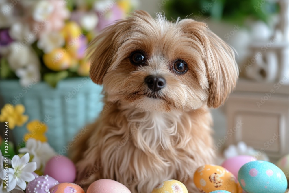 Poster cute small dog surrounded by colorful easter eggs in a cheerful spring setting with flowers