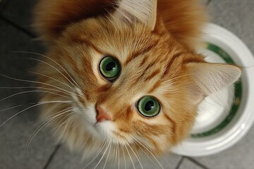Orange fluffy cat with bright green eyes looking up from a tiled floor near a food bowl