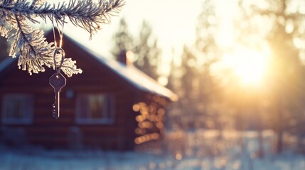 A key with a house-shaped pendant dangles from a frosted evergreen branch, with a snow-covered log cabin softly blurred in the background during sunset