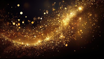 Gold Glitter Dust Scene, Sparkling Magic Filling a Winter Forest with GoldenBlue Hues and Iridescent Shimmer, Capturing a Fairytale Winter Wonderland at Twilight.