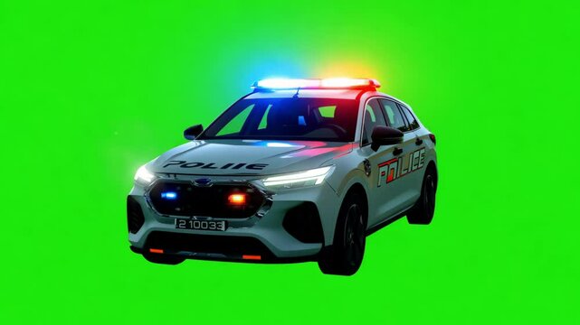 Police car with siren lights on parked against a green background, representing emergency response, law enforcement and authority in urban safety visuals.