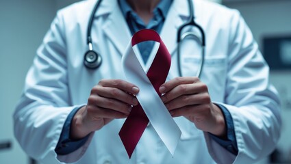 Cancer awareness ribbon in burgundy and ivory on hand with a symbolic bow color