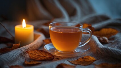 Warm evening still life with burning candle, large mug of hot tea, and dry leaves in cozy home setting