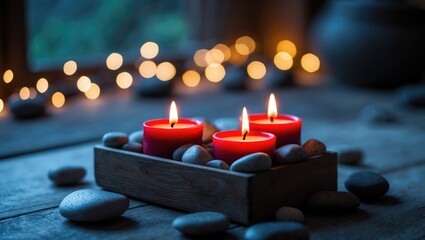 Aromatic candles burning and diffusing scent on the table with beautiful candlelight and blurred background for a relaxing ambiance