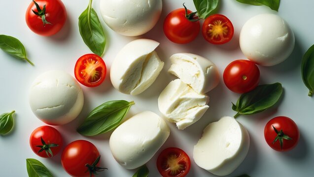 Flying mozzarella slices with cherry tomatoes, basil, and pepper on white background for organic salad ingredients
