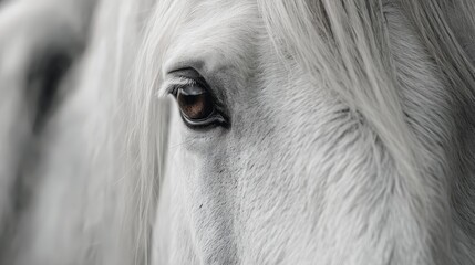 Close-up of white horse's eye with soft fur details