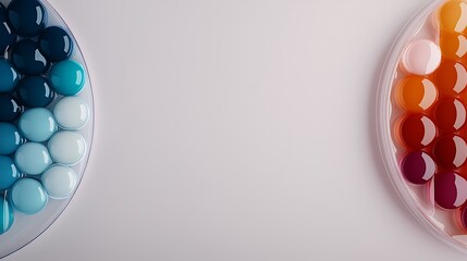 Colorful, gradient spherical objects arranged symmetrically in two circular containers