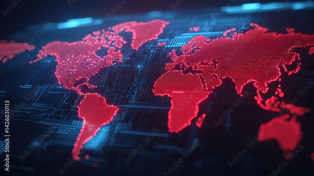 Poster red digital world map with futuristic technology and data visualization elements for creative projec