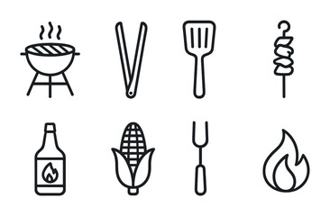 Bbq icons set: grilling, cooking, and outdoor essentials in linear style
