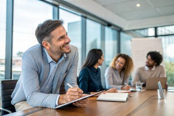 A happy businessman attentively listening to a discussion in a corporate boardroom, engaged in a team meeting. (People)