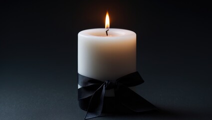 White candle with black ribbon representing mourning or remembrance against a dark background