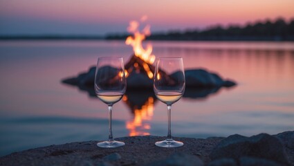 Obraz premium Beachside campfire with wine bottles and glasses under the sunset