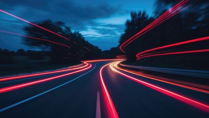 Nighttime car light trails on a curved asphalt highway captured with long exposure