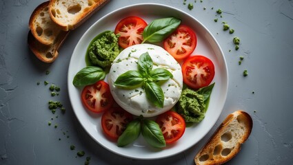 Burrata cheese salad with sliced tomato, basil leaves, and pesto on gray background - top view