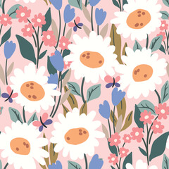Seamless floral pattern, cute ditsy print with large cartoon daisies. Pretty botanical design with delicate spring meadow, hand drawn wild plants, flowers, leaves on pink field. Vector illustration.