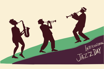 International Jazz Day Celebration Silhouette of Musicians Playing Instruments.