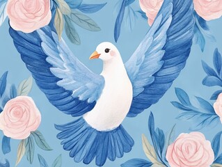 Fototapeta premium Dove soars amidst watercolor roses