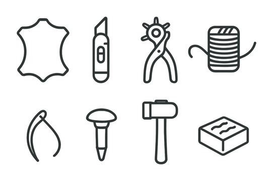 Leatherworking tools icons set: flat outline design for craftsmanship projects