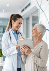Doctor sharing positive health news with a patient, using a tablet for medical consultation in a professional setting. (People)