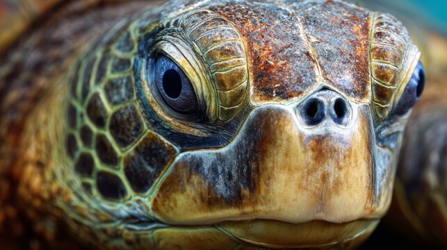Close-up of a sea turtle's intricate shell and expressive eyes