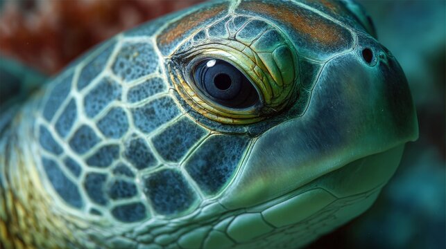 Close-up of a green sea turtle's intricate shell patterns and expressive eye