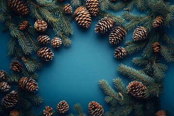 Naklejka premium Pinecones and evergreen branches arranged in a festive frame on blue background, Christmas and winter nature concept
