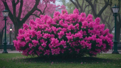 Fototapeta premium Flowering azalea bush in the public square
