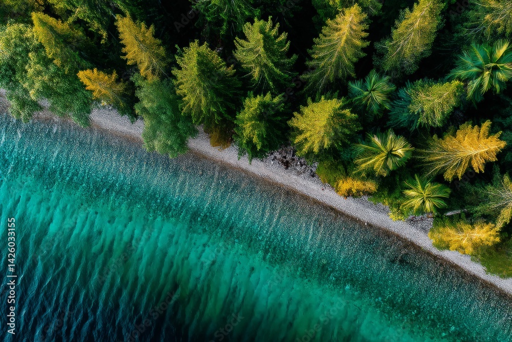 Poster serene view of a sandy shore lined with lush green trees near crystal clear water in a tranquil natu