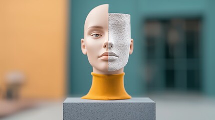 Conceptual sculpture with a split face, half smooth skin, half textured, yellow neck