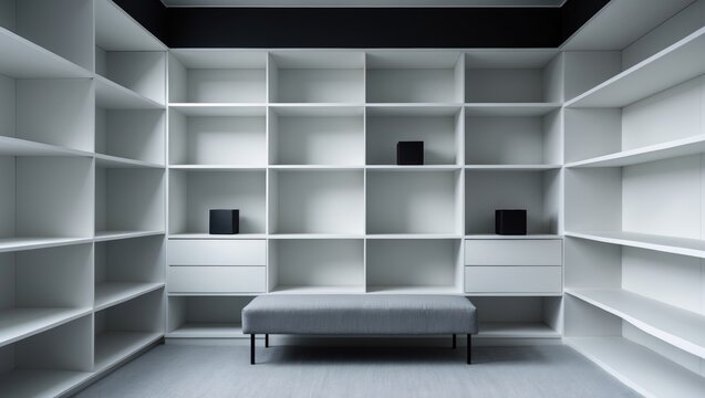 Interior design of a built-in wardrobe with white shelves, volumetric letters, and two boxes on a shelf, built-in furniture concept