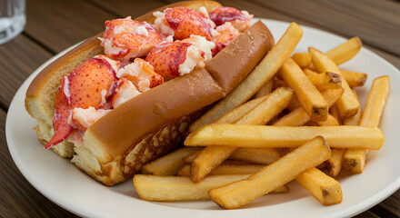 Fresh Maine Lobster Roll Served with Crispy Golden French Fries