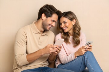 Fototapeta premium Smiling Young Couple Using Mobile Phone Together in Studio 