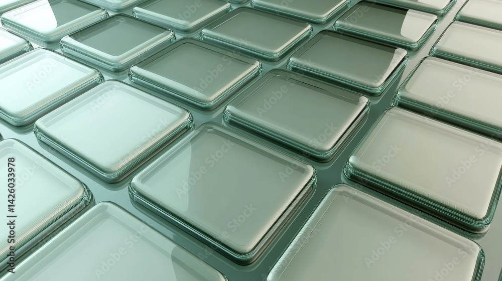 Poster Sleek 3D arrangement of varying sizes of translucent glass squares layered over a gradient of blue and white, with a clear area for text on the left