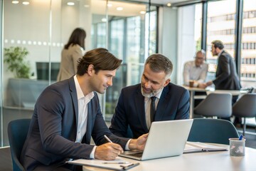 Obraz premium Two busy professionals collaborating in an office, working on a laptop. A corporate meeting where a bank manager consults a company client. (People)