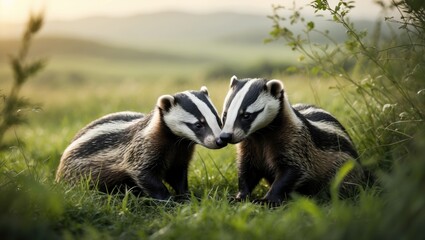 In a summer meadow, two badger cubs, Meles meles, sit, one looking ahead and the other foraging among the grass.