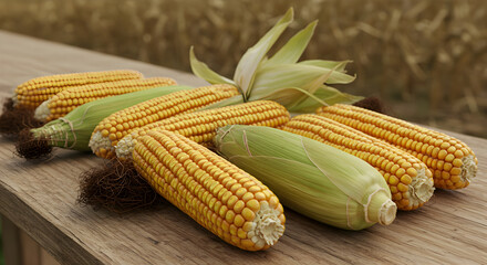 Freshly Harvested Corn Cobs Displayed on Rustic Wooden Surface