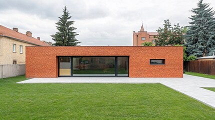 Obraz premium Modern red brick house, large window, lawn