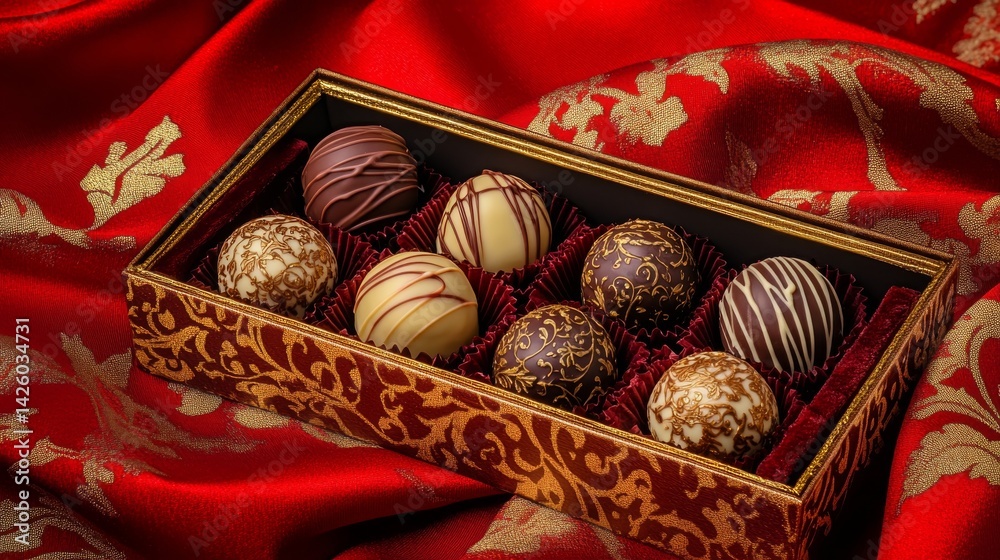 Aufkleber overhead view captures an exquisite chocolate box filled with intricate bonbons, elegantly arranged 