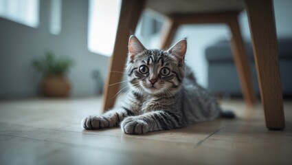 Adorable young tabby cat lying on the floor near a table leg