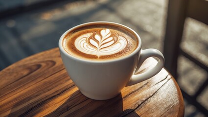 Closeup of a white cup of cappuccino with latte art on a wooden table at a cozy cafe