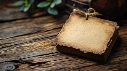 Blank card on wooden surface, warm light, simple texture; minimalism and quiet elegance.